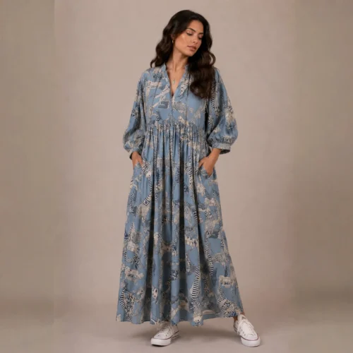 1 Shakti dress, Color azul acero con gatos