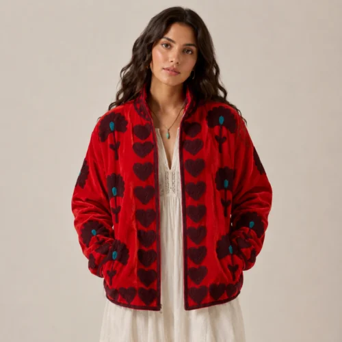 Lakshmi Jacket. Color rojo cereza con abanicos