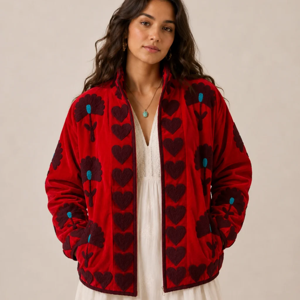 Lakshmi Jacket. Color rojo cereza con abanicos