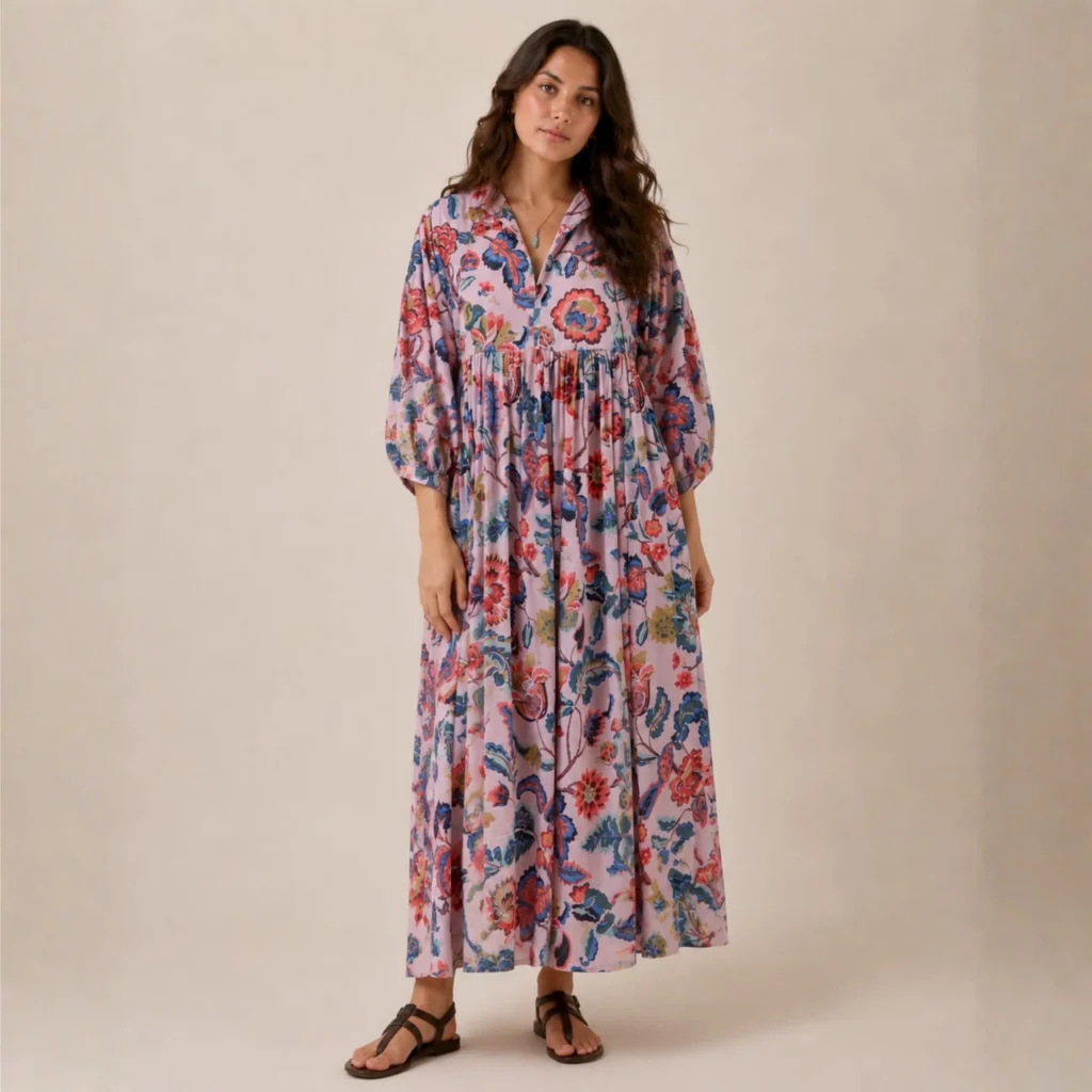 Shakti dress, Color palo de rosa con flores