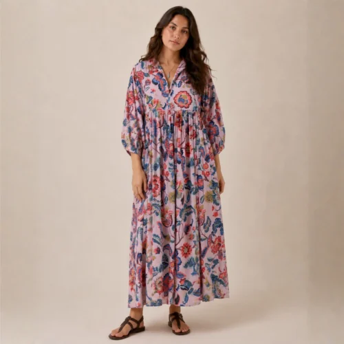 20 Shakti dress, Color palo de rosa con flores