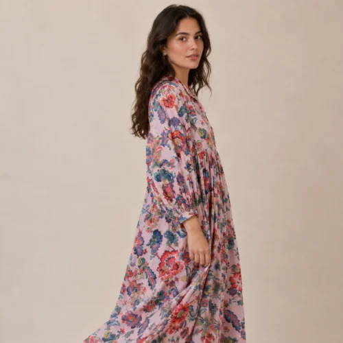 21 Shakti dress, Color palo de rosa con flores