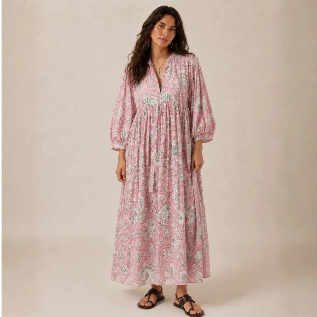 Shakti dress, Color rosa con flores