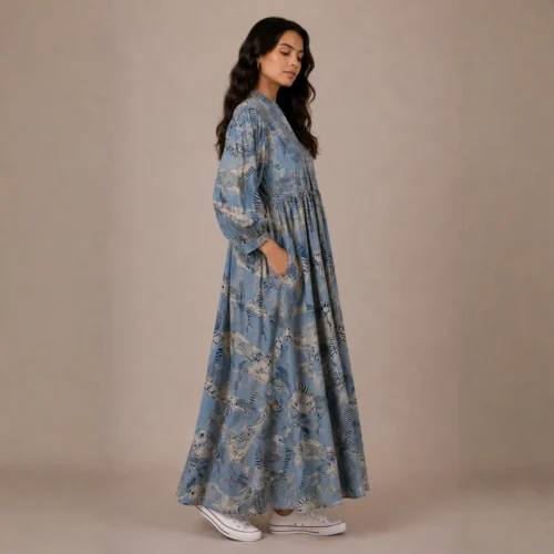 3 Shakti dress, Color azul acero con gatos