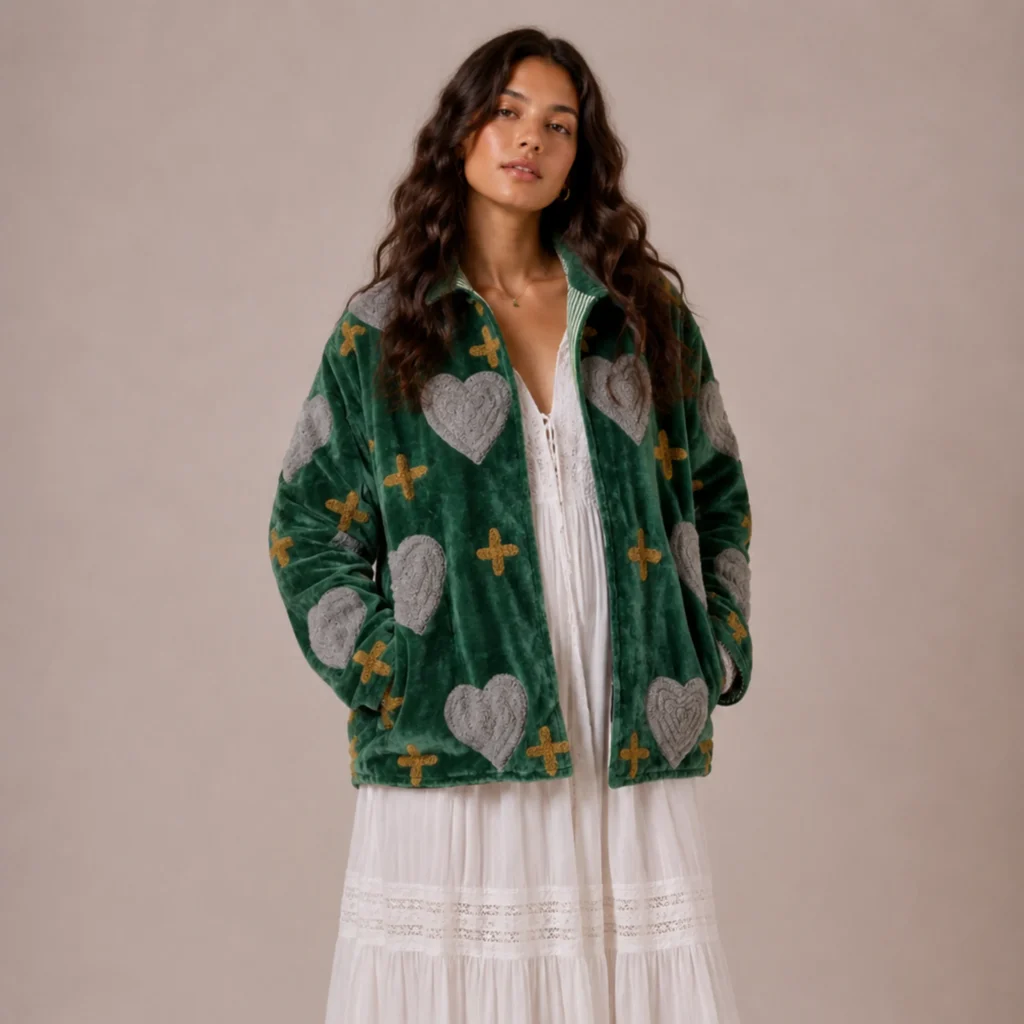 Lakshmi Jacket. Color verde pino con corazones