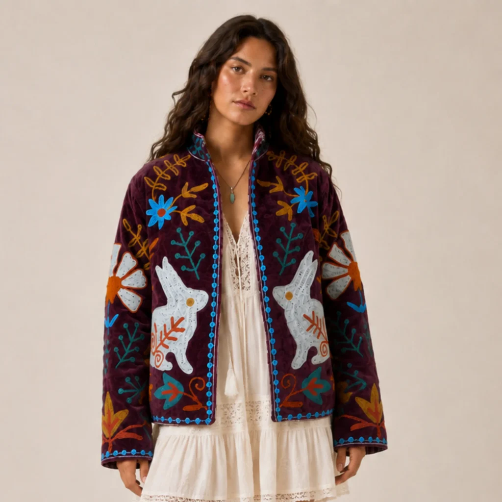 Lakshmi Jacket. Color berenjena con conejos