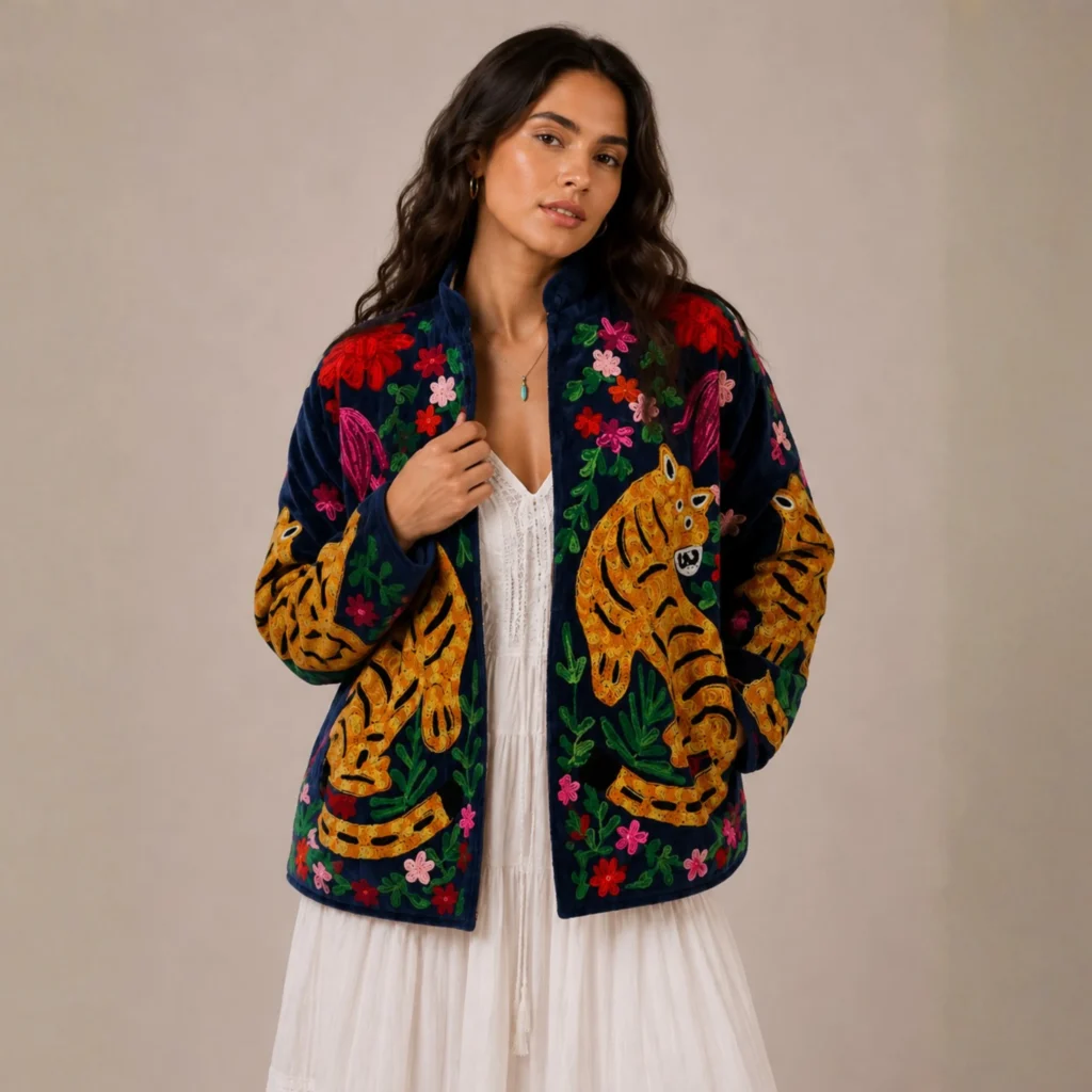 Lakshmi Jacket. Color azul marino con tigres de bengala