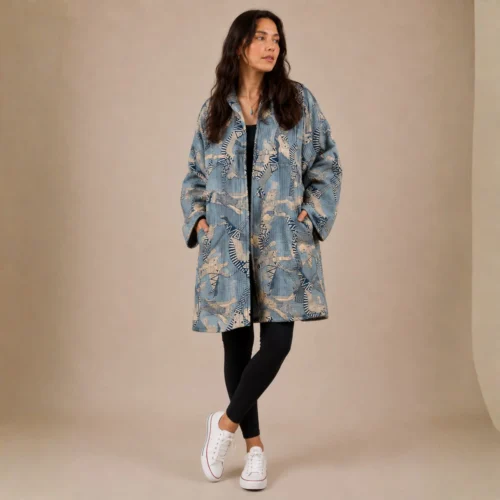 5 Selene Jacket. Color azul acero con gatos