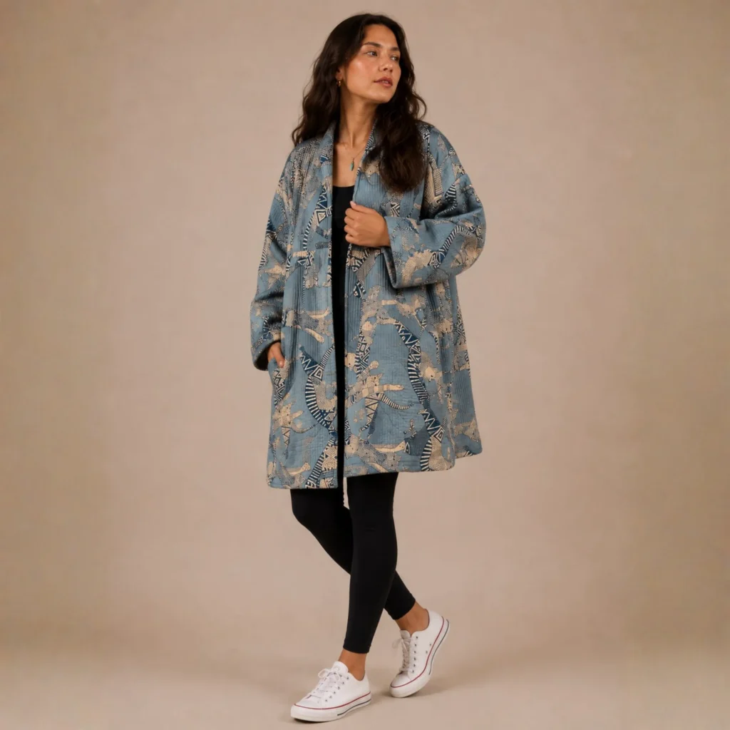Selene Jacket. Color azul acero con gatos