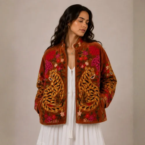 8 Lakshmi Jacket. Color ladrillo con tigres de bengala