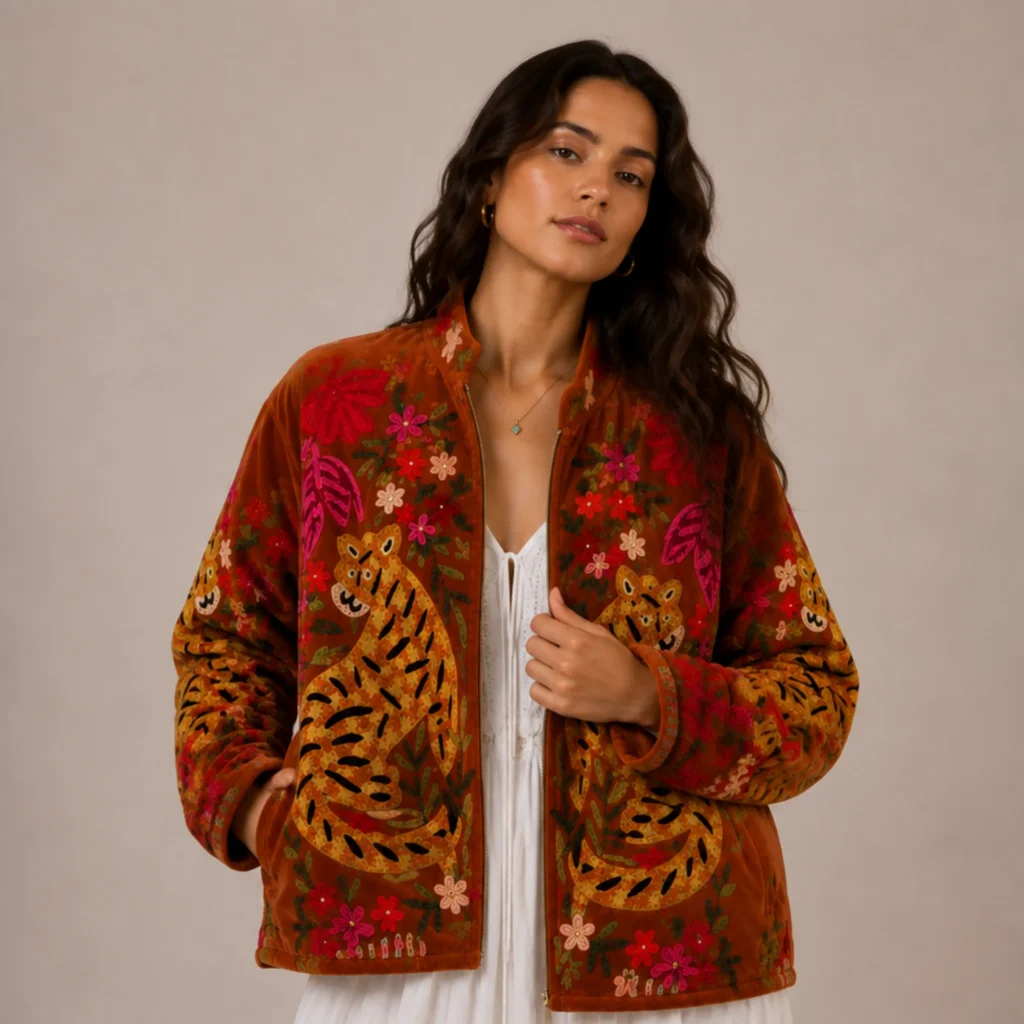 Lakshmi Jacket. Color ladrillo con tigres de bengala